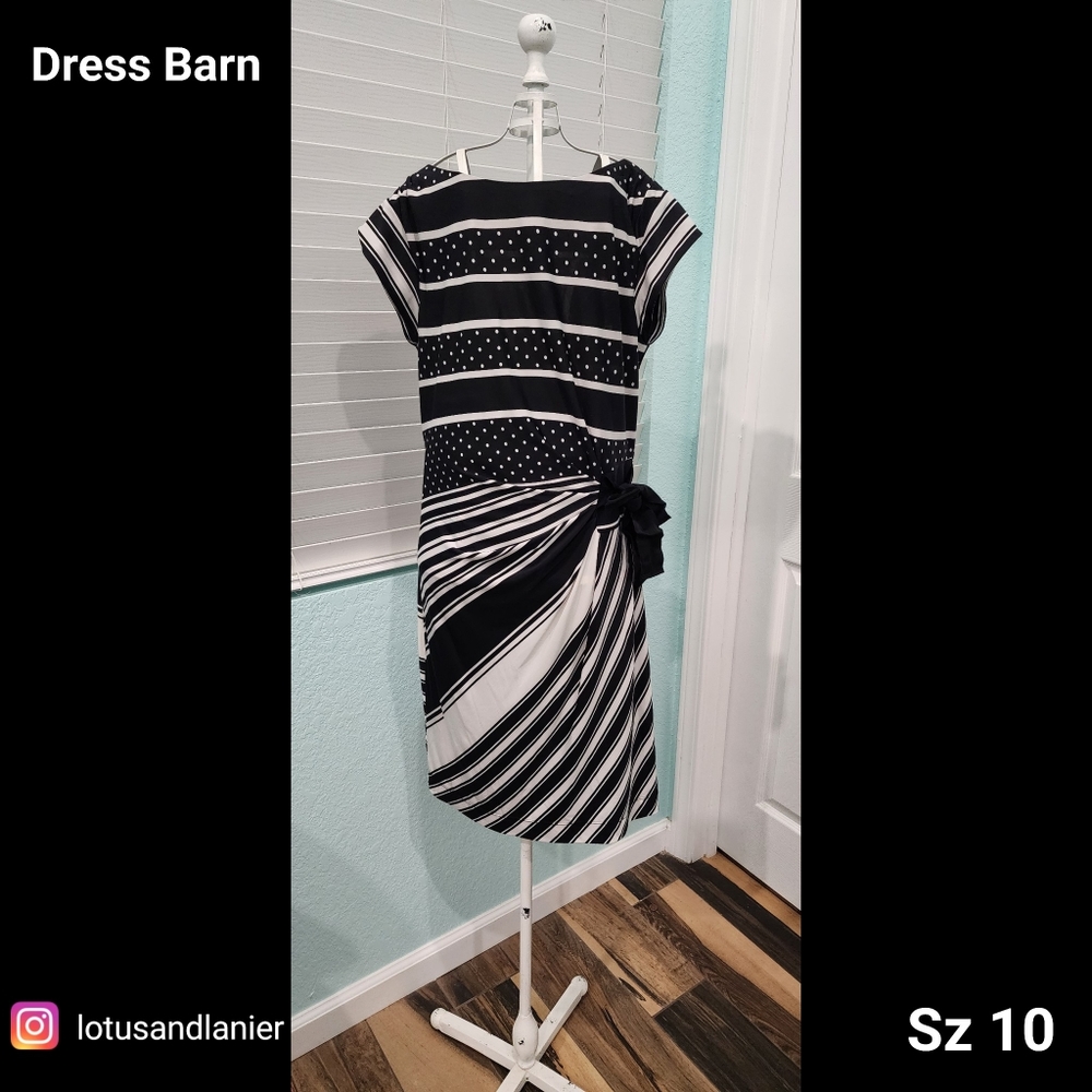 Dress Barn Black and White Mixed-Stripe Midi Dress with Side Knot
